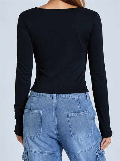 FashionSierra - 2025 Spring Fall Front Hollow Out Long Sleeve Solid Slim Fit Pullovers Female Clubwear Basic Tee