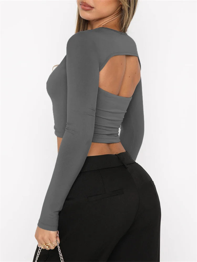 FashionSierra - 2025 Spring Fall Long Sleeve Exposed Navel Top Solid Slim Fit Pullover Backless Female Streetwear Base Tee