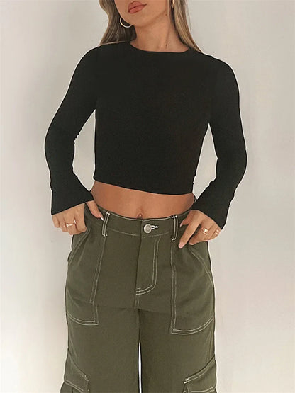 FashionSierra - 2025 Spring Fall Long Sleeve Exposed Navel Top Solid Slim Fit Pullover Backless Female Streetwear Base Tee