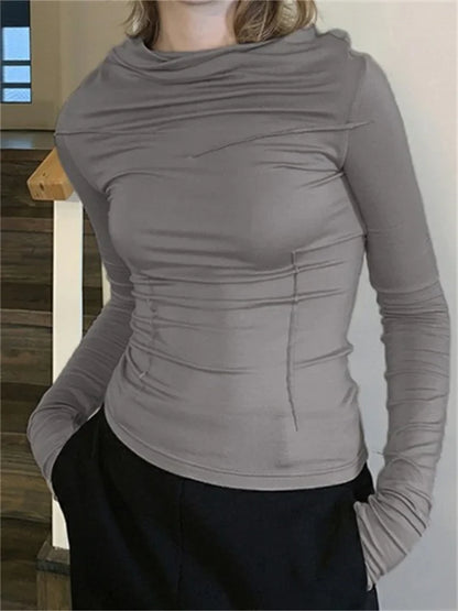 FashionSierra - 2025 Spring Fall Slim Fit Casual Long Sleeve Solid Color Ruched Irregular Neck Streetwear Tee