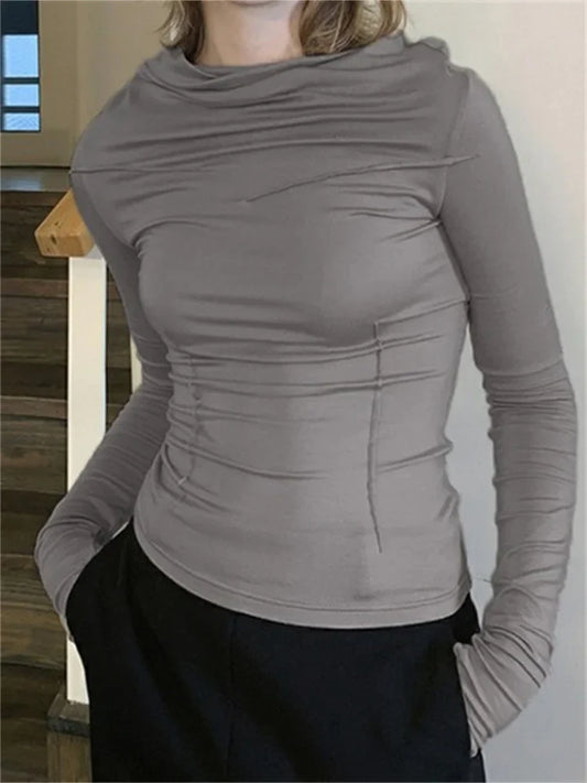 FashionSierra - 2025 Spring Fall Slim Fit Casual Long Sleeve Solid Color Ruched Irregular Neck Streetwear Tee