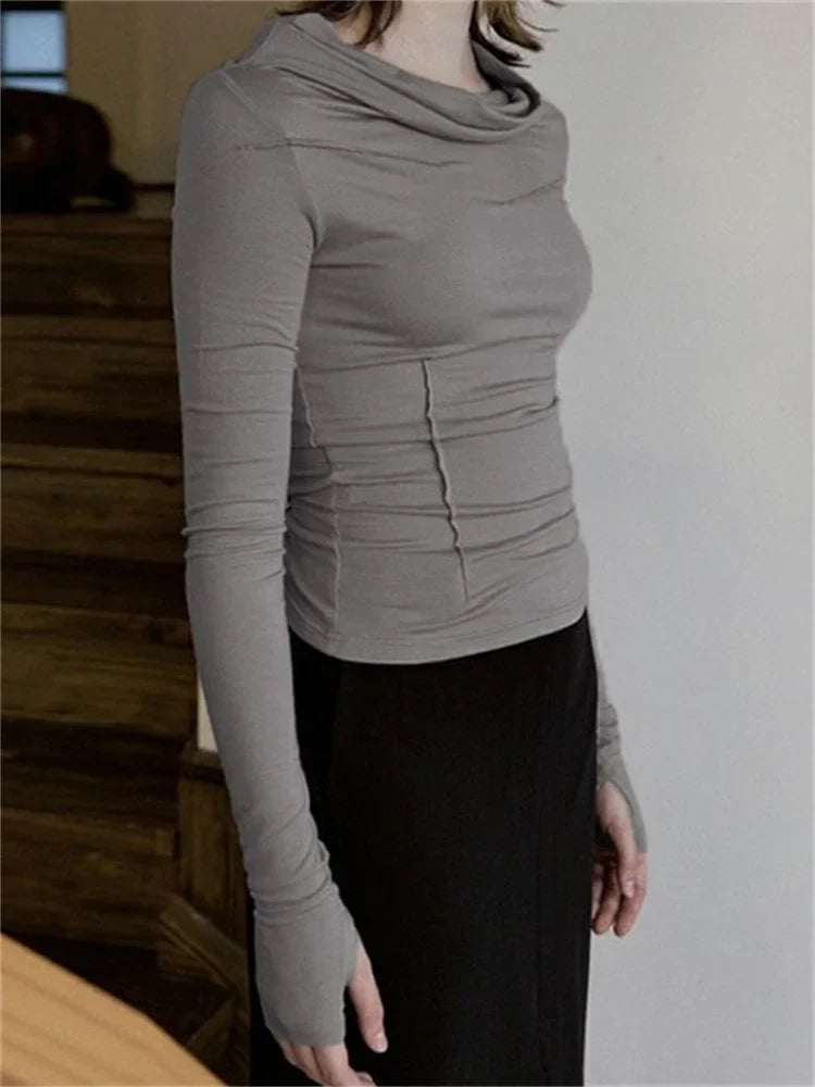 FashionSierra - 2025 Spring Fall Slim Fit Casual Long Sleeve Solid Color Ruched Irregular Neck Streetwear Tee