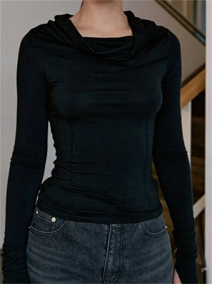FashionSierra - 2025 Spring Fall Slim Fit Casual Long Sleeve Solid Color Ruched Irregular Neck Streetwear Tee