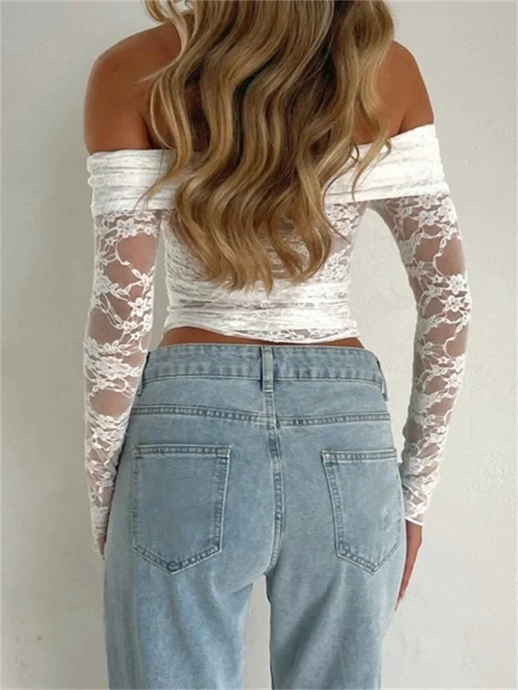 FashionSierra - 2025 Spring Summer Lace Floral Cropped Sexy Long Sleeve Slash Neck Off Shoulder Slim Fit Clubwear Tee