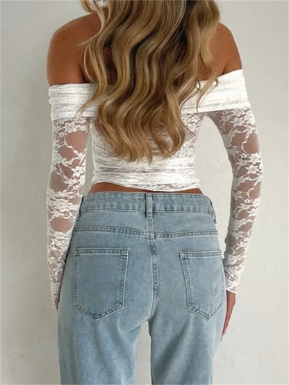 FashionSierra - 2025 Spring Summer Lace Floral Cropped Sexy Long Sleeve Slash Neck Off Shoulder Slim Fit Clubwear Tee