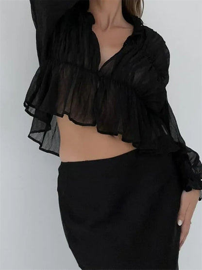 Women's Mesh Sheer See Through Crop Tops Sleeve Deep V Neck Solid Ruched Ruffles Blouse