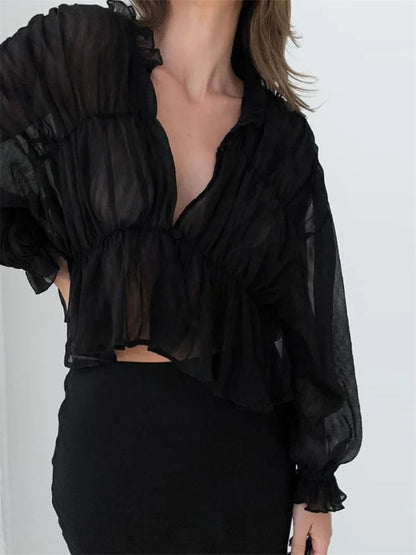 Women's Mesh Sheer See Through Crop Tops Sleeve Deep V Neck Solid Ruched Ruffles Blouse