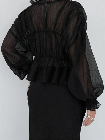 Women's Mesh Sheer See Through Crop Tops Sleeve Deep V Neck Solid Ruched Ruffles Blouse