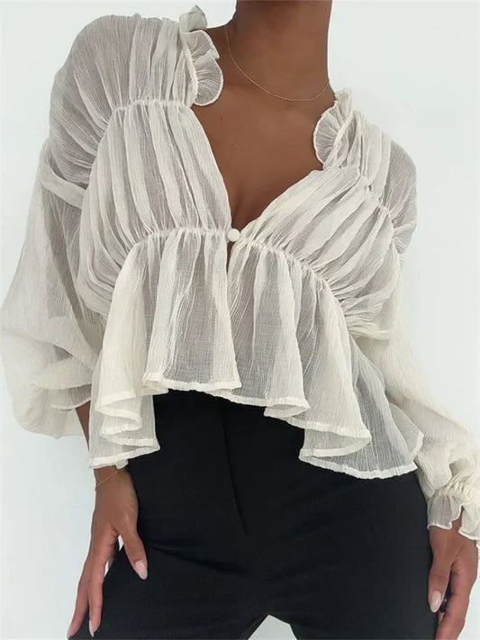 Women's Mesh Sheer See Through Crop Tops Sleeve Deep V Neck Solid Ruched Ruffles Blouse
