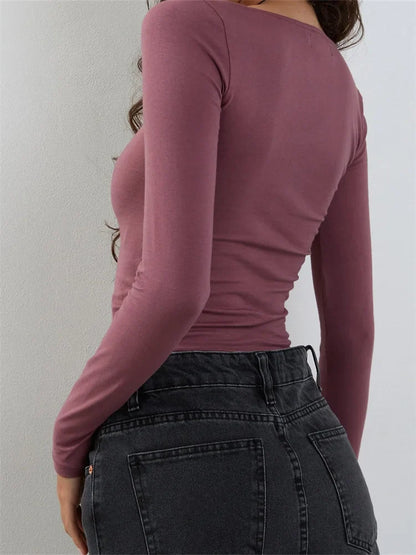 FashionSierra - 2025 Square Neck Low Cut Long Sleeve Solid Slim Fit Pullovers Causal Female Streetwear Basic Tees