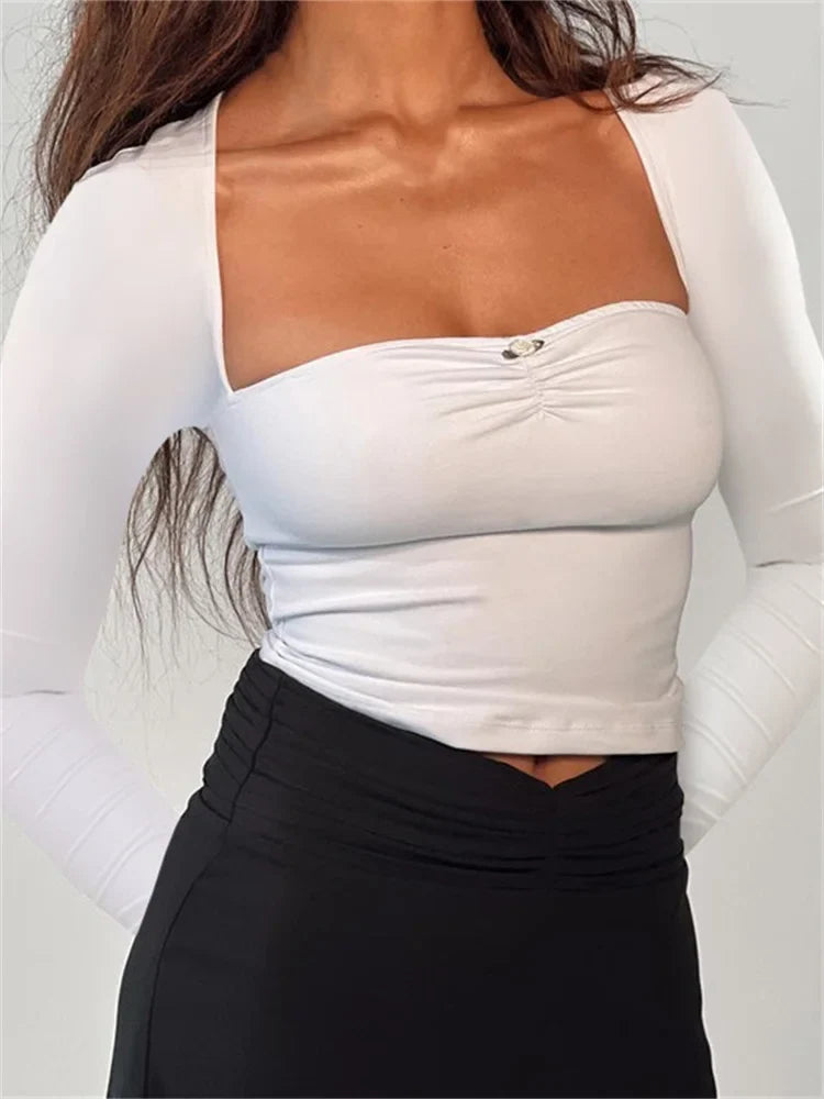 FashionSierra - 2025 Square Neck Low Cut Sexy Grunge Long Sleeve Slim Fit Ruched Backless 90s Streetwear Tee