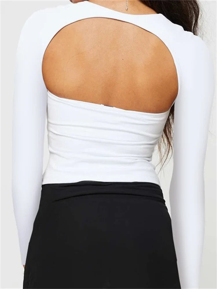 FashionSierra - 2025 Square Neck Low Cut Sexy Grunge Long Sleeve Slim Fit Ruched Backless 90s Streetwear Tee