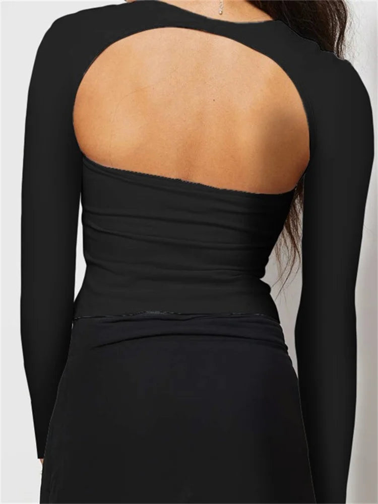 FashionSierra - 2025 Square Neck Low Cut Sexy Grunge Long Sleeve Slim Fit Ruched Backless 90s Streetwear Tee