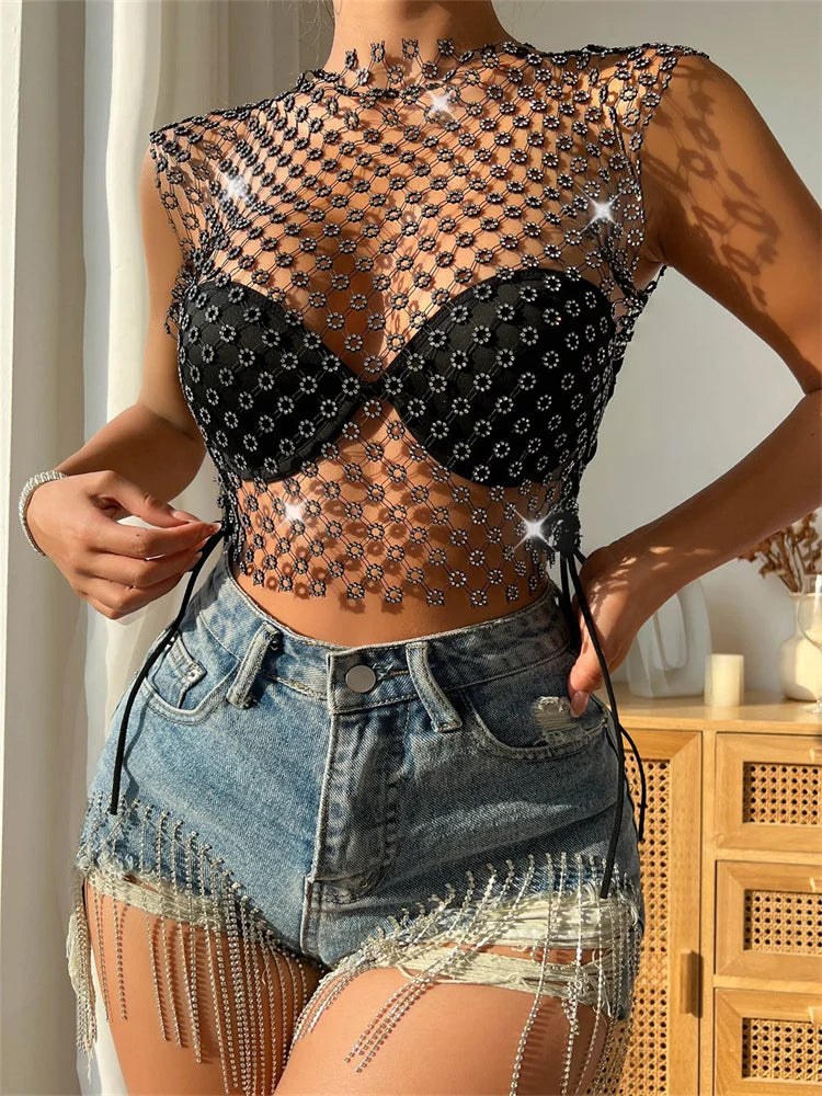 FashionSierra - 2025 Fishnet Hollow Out Rhinestones Sleeveless Mini Beach Cover Ups Crop Tops