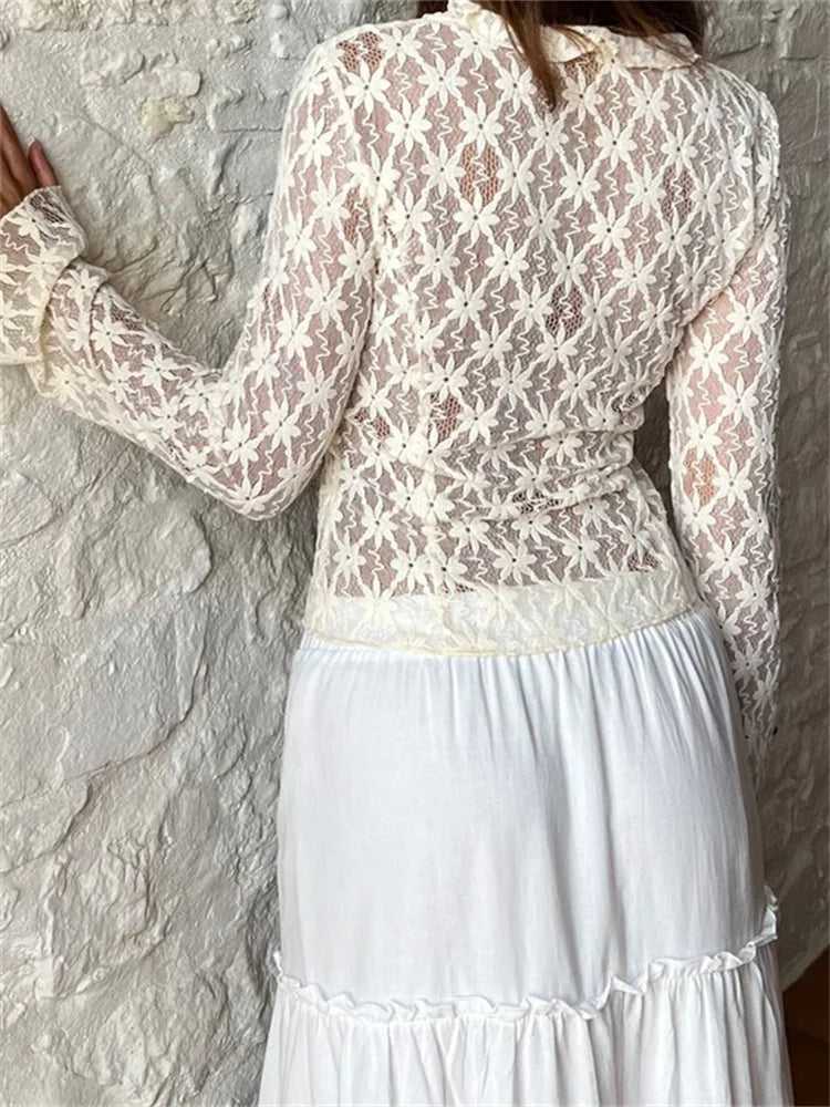 Women's Summer Lace Floral Flare Sleeve Front Lace-up See Through Slim Cardigan Clubwear Blouse