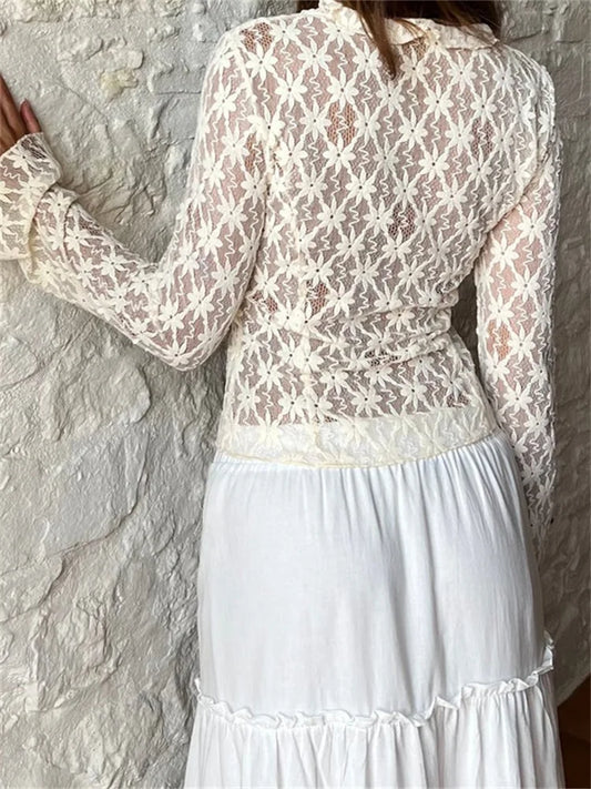 Women's Summer Lace Floral Flare Sleeve Front Lace-up See Through Slim Cardigan Clubwear Blouse