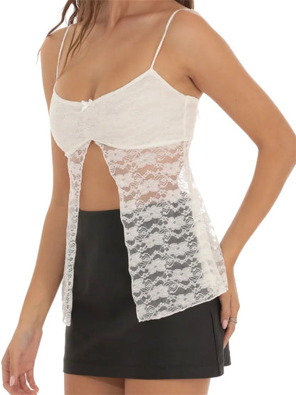 Summer Lace Front Split Bowknot Patchwork Spaghetti Strap Ruched New Party Club Cami Top 2025