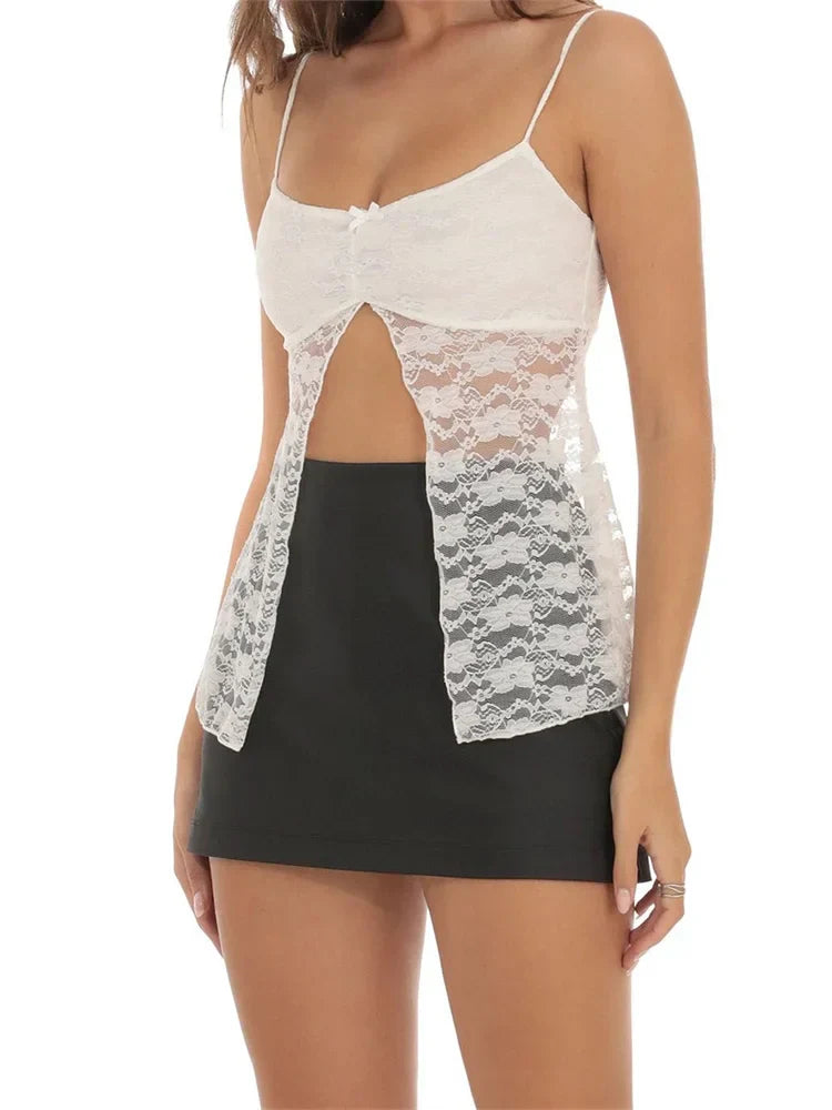 Summer Lace Front Split Bowknot Patchwork Spaghetti Strap Ruched New Party Club Cami Top 2025