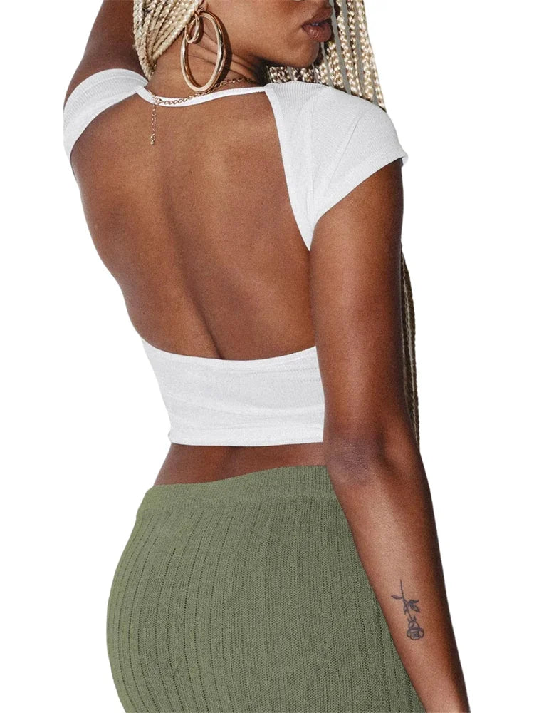FashionSierra - 2025 Summer Short Sleeve Causal Slim Fit Solid O Neck Backless Ribbed Base Streetwear Tee