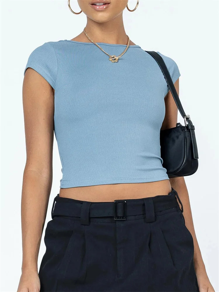 FashionSierra - 2025 Summer Short Sleeve Causal Slim Fit Solid O Neck Backless Ribbed Base Streetwear Tee