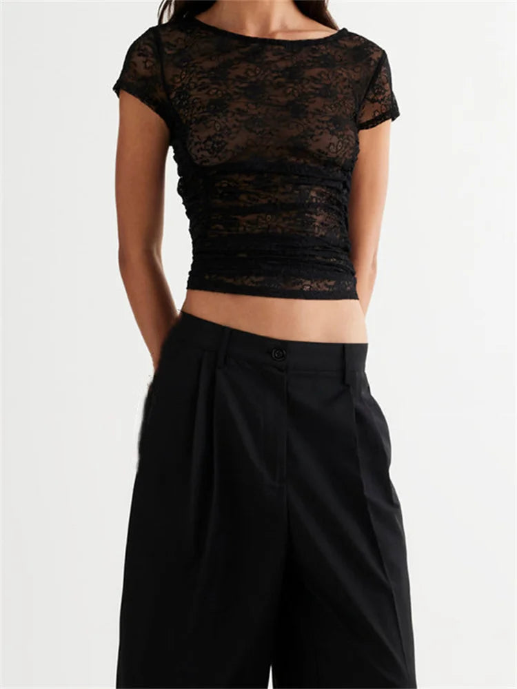 FashionSierra - 2025 Summer Short Sleeve Lace Slim Fit See Through Pullovers Causal Female Streetwear Basic Tee