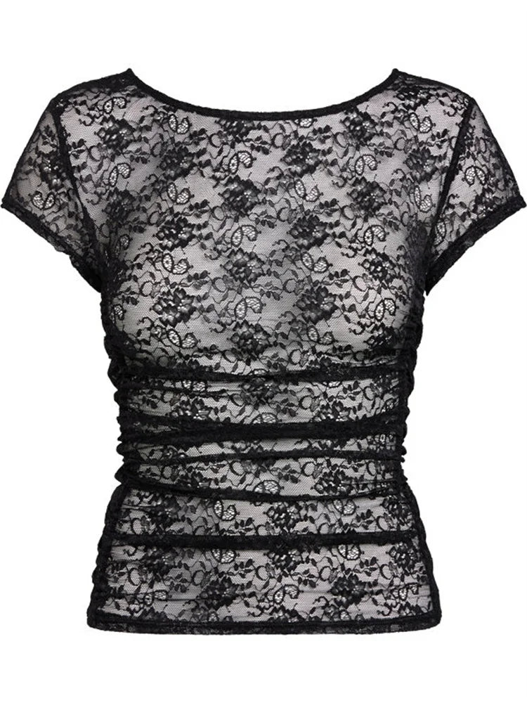 FashionSierra - 2025 Summer Short Sleeve Lace Slim Fit See Through Pullovers Causal Female Streetwear Basic Tee