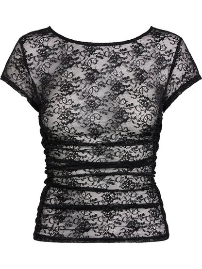 FashionSierra - 2025 Summer Short Sleeve Lace Slim Fit See Through Pullovers Causal Female Streetwear Basic Tee