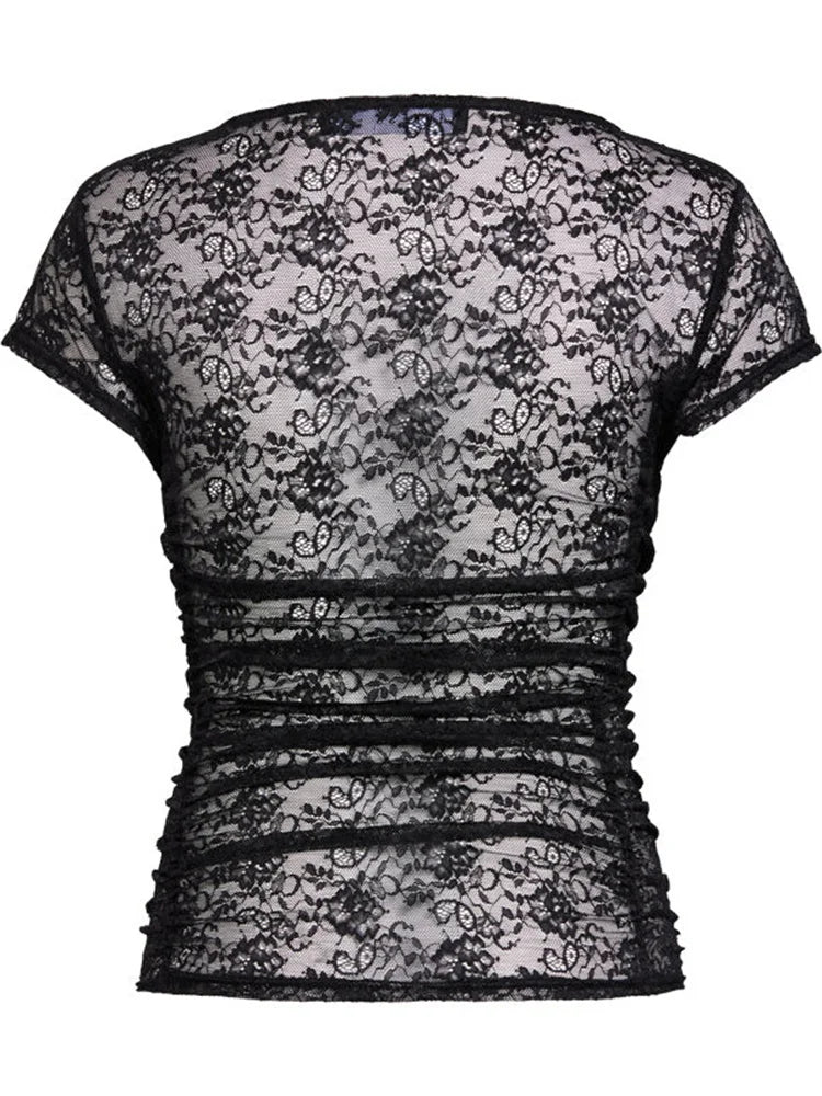 FashionSierra - 2025 Summer Short Sleeve Lace Slim Fit See Through Pullovers Causal Female Streetwear Basic Tee