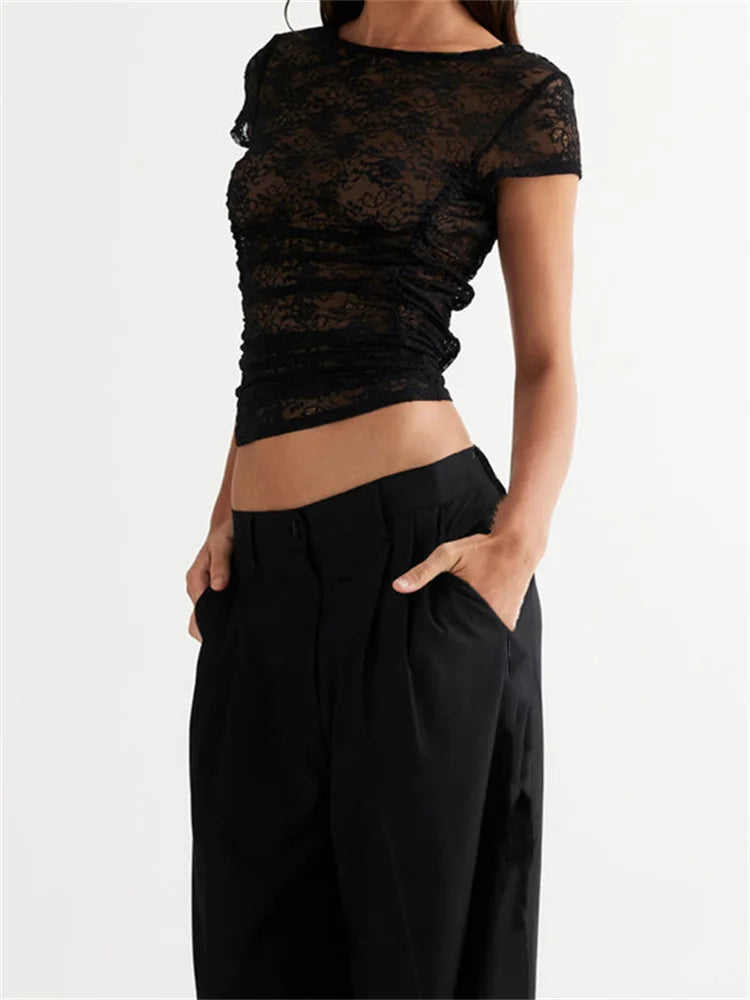 FashionSierra - 2025 Summer Short Sleeve Lace Slim Fit See Through Pullovers Causal Female Streetwear Basic Tee