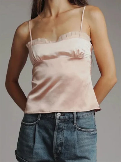 Summer Spaghetti Strap Backless Mesh Ruffles Patchwork Solid Color Clubwear Cami Top 2025