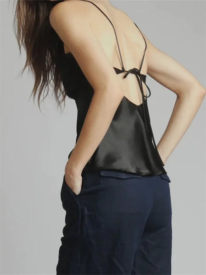 Summer Spaghetti Strap Backless Mesh Ruffles Patchwork Solid Color Clubwear Cami Top 2025