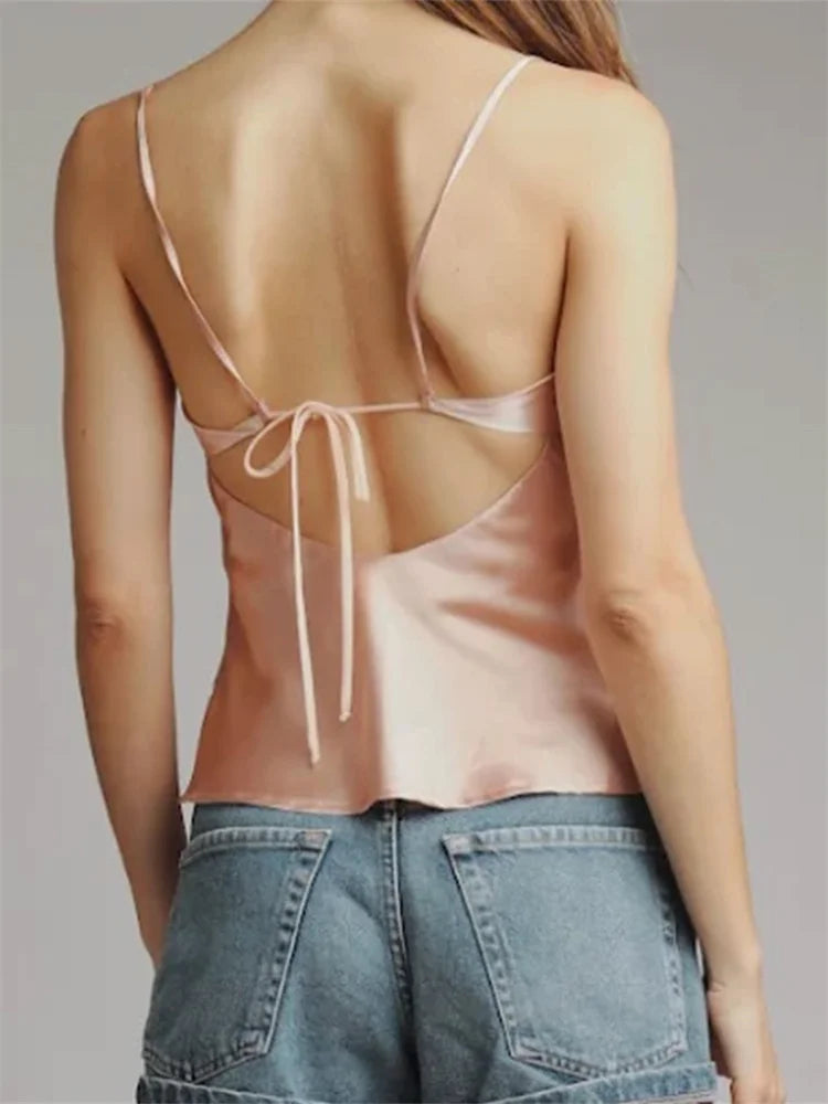 Summer Spaghetti Strap Backless Mesh Ruffles Patchwork Solid Color Clubwear Cami Top 2025