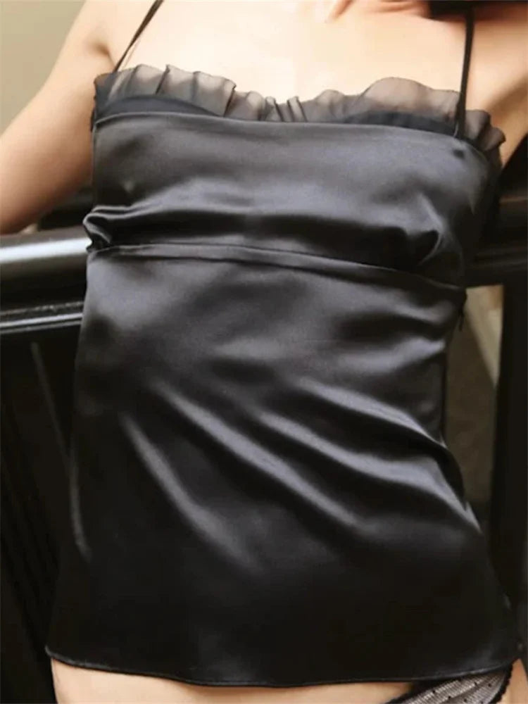 Summer Spaghetti Strap Backless Mesh Ruffles Patchwork Solid Color Clubwear Cami Top 2025