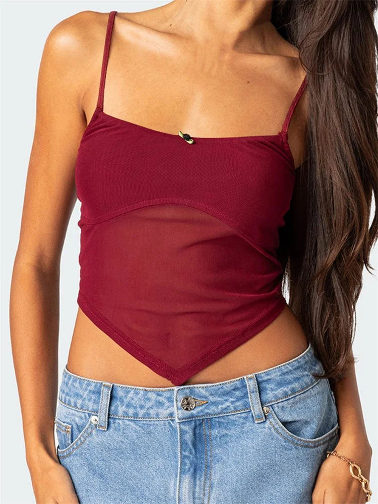 Front Flower Spaghetti Strap Exposed Navel Patchwork Cropped Cami Top