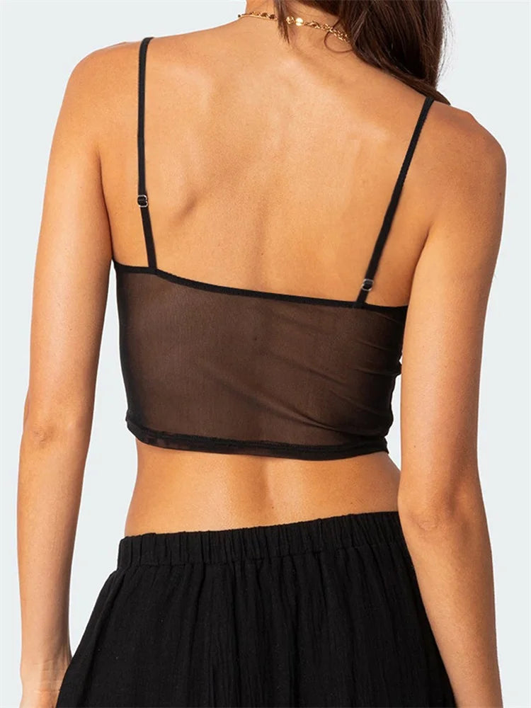 Front Flower Spaghetti Strap Exposed Navel Patchwork Cropped Cami Top