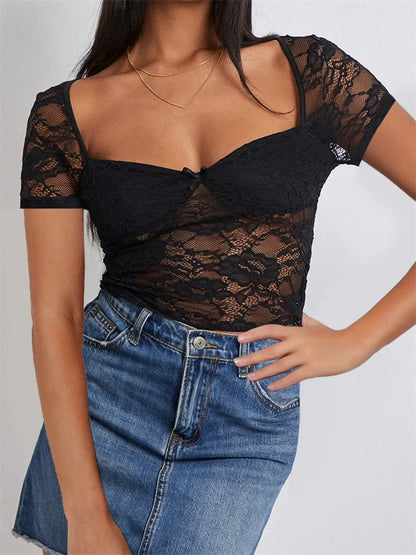 FashionSierra - 2025 Summer Slim Fit See Through Short Sleeve Low Cut Sheer Lace Floral Club Streetwear Tee