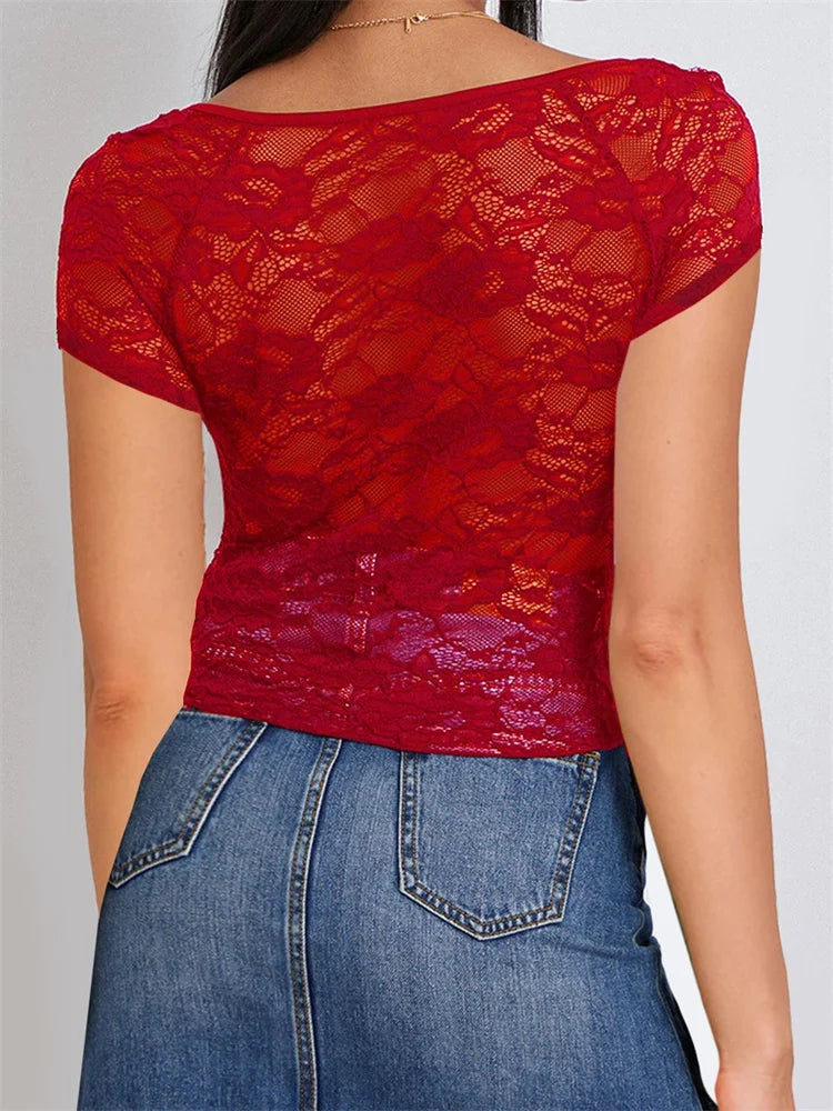 FashionSierra - 2025 Summer Slim Fit See Through Short Sleeve Low Cut Sheer Lace Floral Club Streetwear Tee