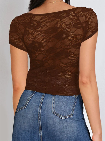 FashionSierra - 2025 Summer Slim Fit See Through Short Sleeve Low Cut Sheer Lace Floral Club Streetwear Tee