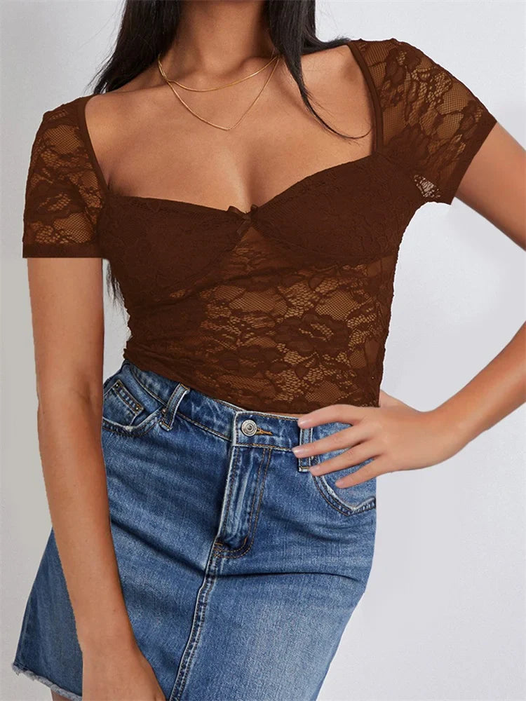 FashionSierra - 2025 Summer Slim Fit See Through Short Sleeve Low Cut Sheer Lace Floral Club Streetwear Tee