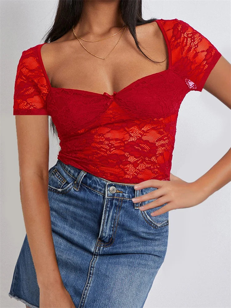 FashionSierra - 2025 Summer Slim Fit See Through Short Sleeve Low Cut Sheer Lace Floral Club Streetwear Tee