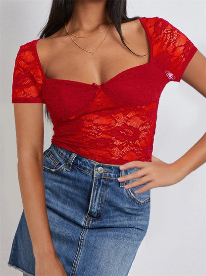 FashionSierra - 2025 Summer Slim Fit See Through Short Sleeve Low Cut Sheer Lace Floral Club Streetwear Tee