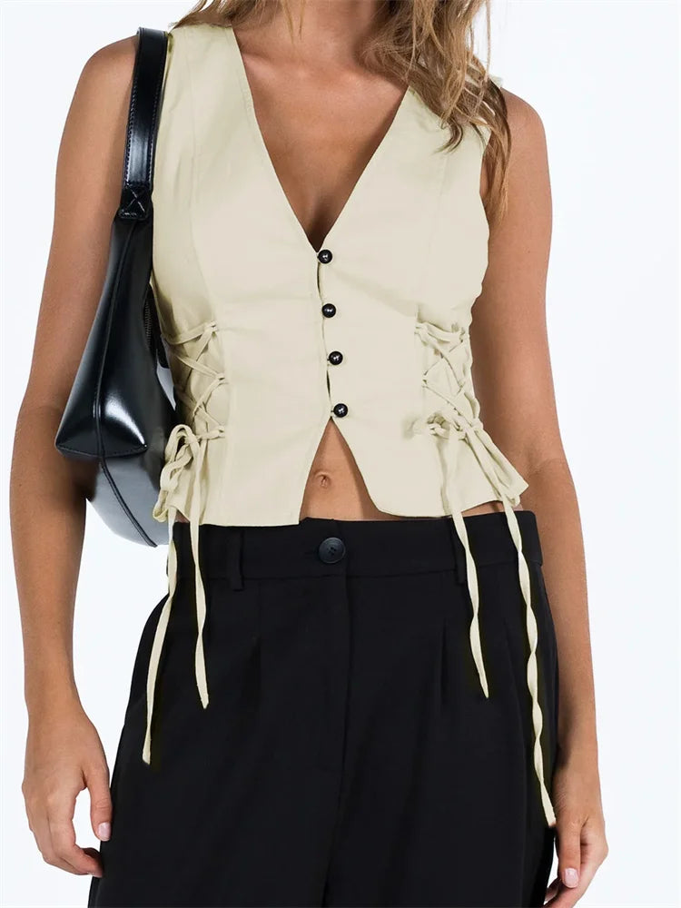 FashionSierra - 2025 Slim Tank Solid Color Front Buttons Up Mini Vest Side Criss-Cross Tie-Up Waistcoat Streetwear  Crop Tops