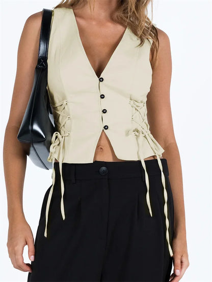 FashionSierra - 2025 Slim Tank Solid Color Front Buttons Up Mini Vest Side Criss-Cross Tie-Up Waistcoat Streetwear  Crop Tops