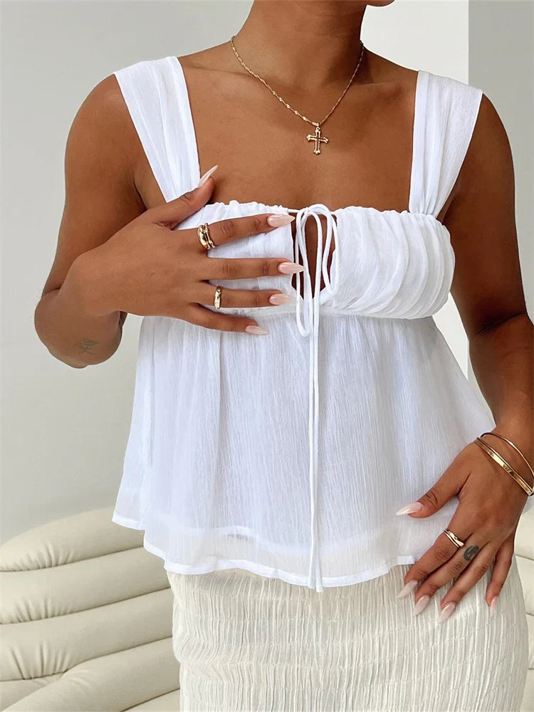 FashionSierra - 2025 Spaghetti Strap Casual Ruffles Square Neck Lace-up Solid Mini Vests  Crop Tops
