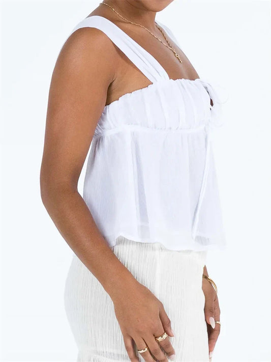 FashionSierra - 2025 Spaghetti Strap Casual Ruffles Square Neck Lace-up Solid Mini Vests  Crop Tops