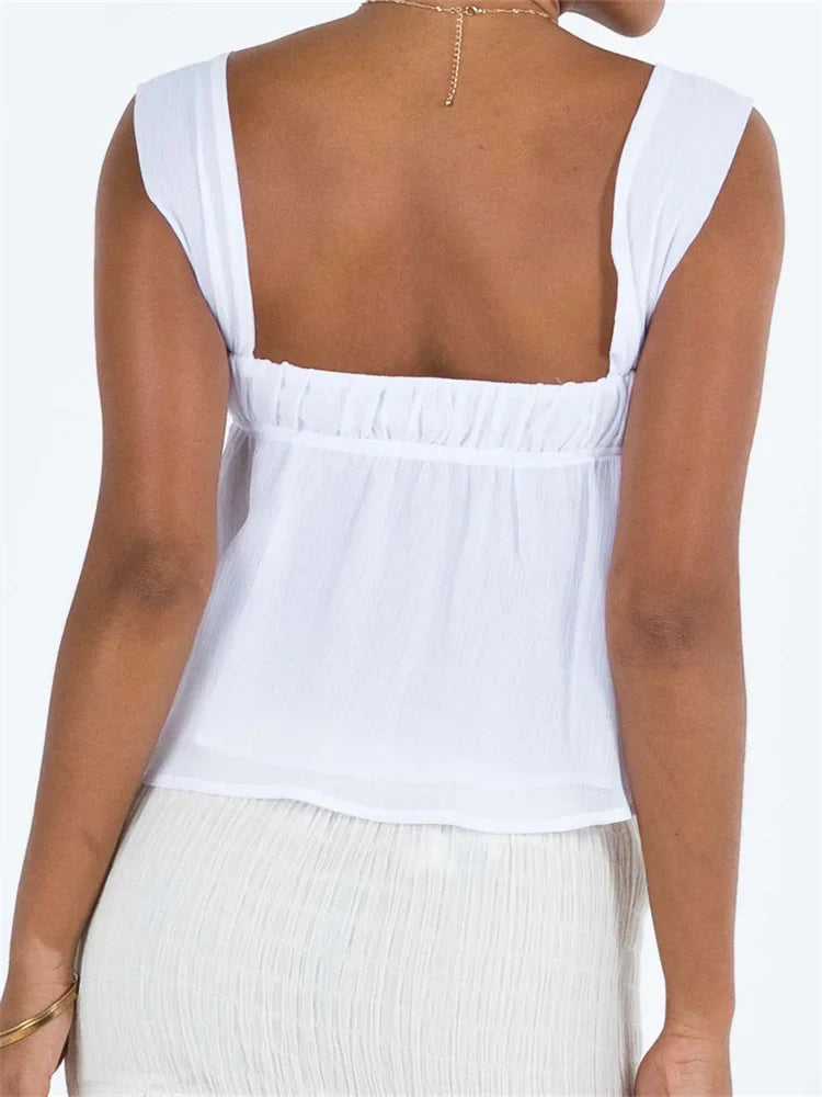 FashionSierra - 2025 Spaghetti Strap Casual Ruffles Square Neck Lace-up Solid Mini Vests  Crop Tops