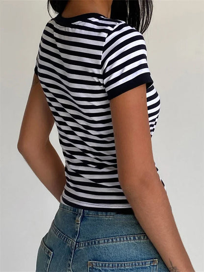 FashionSierra - 2025 Striped Print Bow Embroidered Short Sleeve Casual Pullovers Clubwear Aesthetic Grunge Tee