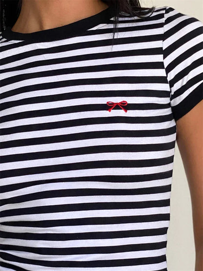 FashionSierra - 2025 Striped Print Bow Embroidered Short Sleeve Casual Pullovers Clubwear Aesthetic Grunge Tee