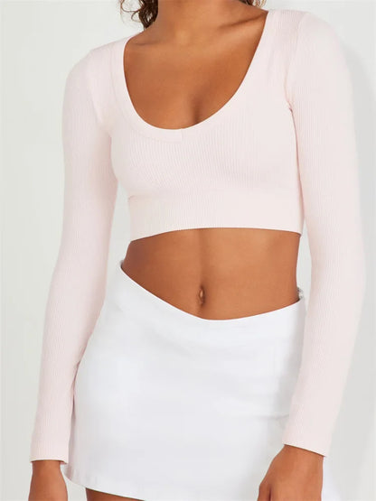FashionSierra - Exposed Navel Long Sleeve Deep V Neck Solid Slim Fit Ribbed Fall Spring Club Streetwear Tee