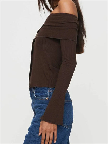 FashionSierra - Long Sleeve Off-shoulder Backless Button Up Slim Fit Ribbed Solid Color Clubwear Tee